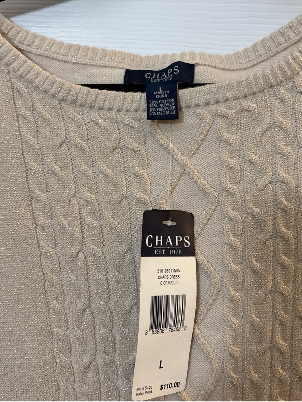 Chaps Cream Cable Knit Dress with Metallic Thread - Picture 2 of 4
